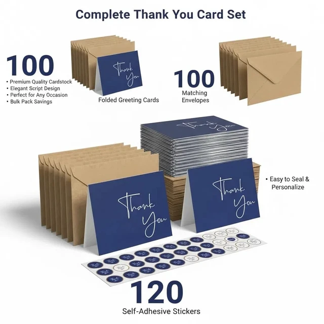 Alt view image 6 of 6 - 100 Pack Thank You Cards With Envelopes Bulk Set & Stickers - 4x6 inch Blank Thank You Notes Bulk Box Set - Large Note Card Small Business, Wedding, Baby Shower & Bridal Shower - Navy Blue