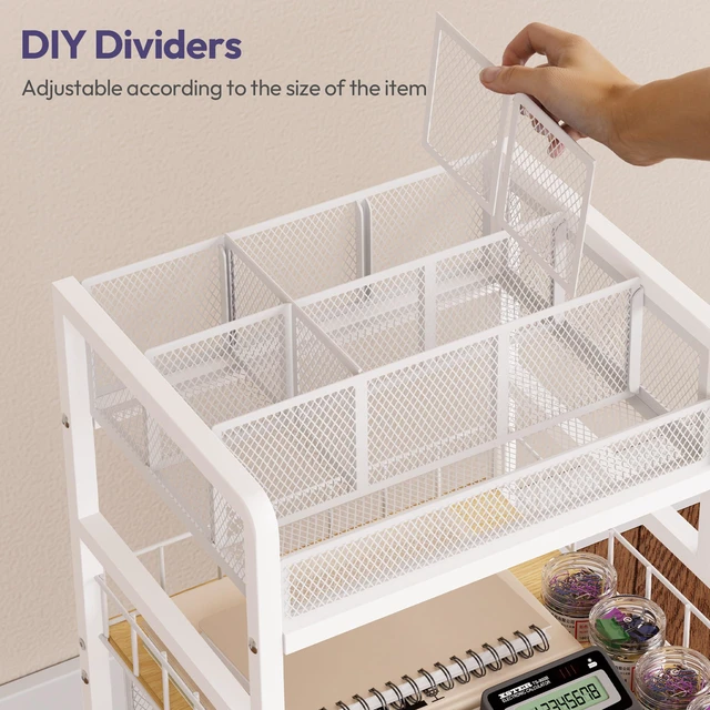 Alt view image 6 of 7 - Rolling Cart with Drawers - Metal Craft Cart with Wheels, DIY Divider and Wood Shelf, Art Supply Organizer for Under Desk Storage, Utility Storage Cart for Home Office Studio, White