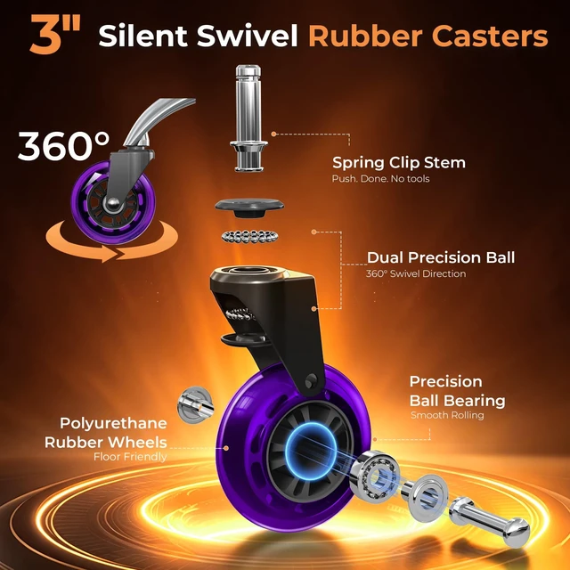 Alt view image 3 of 7 - Office Chair Wheels for Casters Replacement - 3" Rubber Wheels for Computer Gaming Desk Caster Smooth & Safe Rolling for All Floors Including Hardwood and Carpet - Set of 5 - Purple