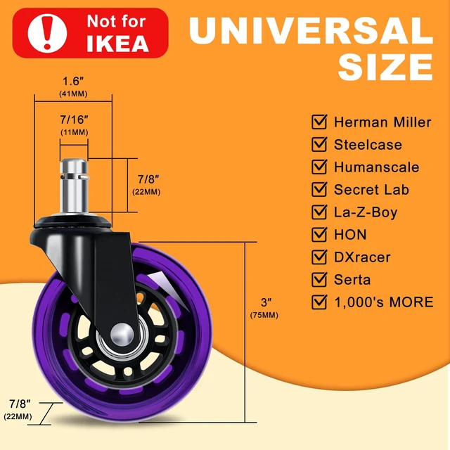 Alt view image 4 of 7 - Office Chair Wheels for Casters Replacement - 3" Rubber Wheels for Computer Gaming Desk Caster Smooth & Safe Rolling for All Floors Including Hardwood and Carpet - Set of 5 - Purple