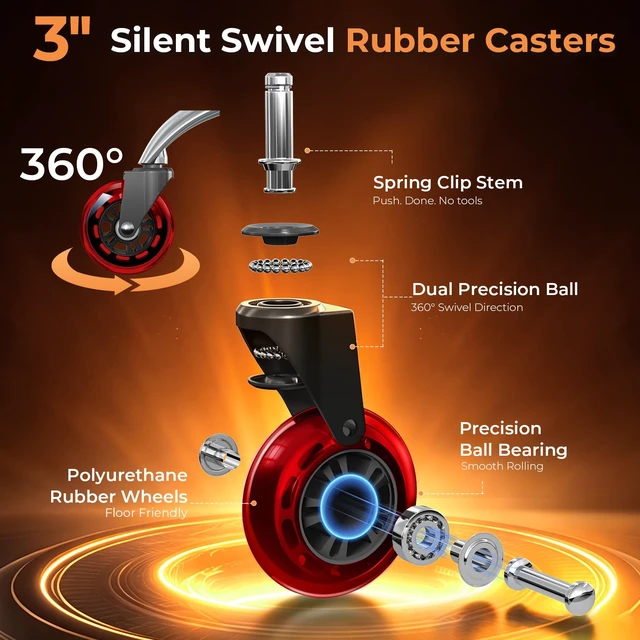 Alt view image 3 of 7 - Office Chair Wheels for Casters Replacement - 3" Rubber Wheels for Computer Gaming Desk Caster Smooth & Safe Rolling for All Floors Including Hardwood and Carpet - Set of 5 - Red