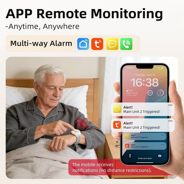 Alt view image 2 of 7 - Wi-Fi Wireless Caregiver Pager Call Button for Elderly at Home, APP Emergency Alert Fall Help System for Seniors, Patients/Disabled Monitoring at Home