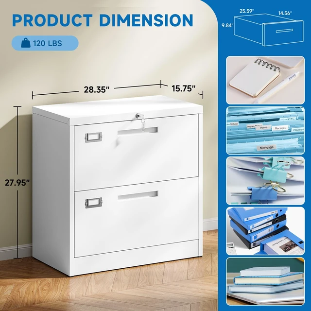 Alt view image 3 of 7 - 2 Drawer Lateral File Cabinet Metal Filing Storage Cabinet with Lock Office Home Steel File Cabinet for A4 Legal/Letter Size File Cabinet Locked,Assembly Required (2 Drawer, White)