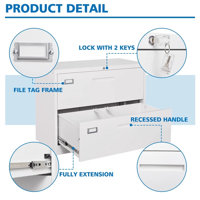 Alt view image 7 of 7 - 2 Drawer Lateral File Cabinet Metal Filing Storage Cabinet with Lock Office Home Steel File Cabinet for A4 Legal/Letter Size File Cabinet Locked,Assembly Required (2 Drawer, White)
