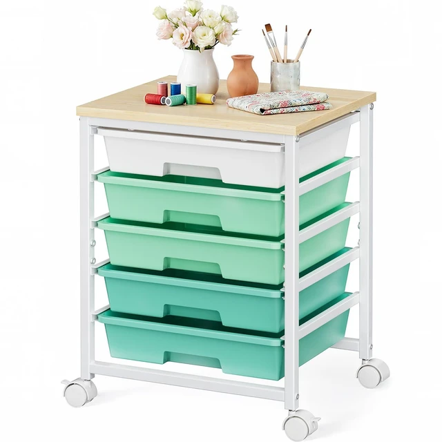 Main image of Rolling Cart with 5 Drawers, Craft Storage Cart, Green Gradient Smooth Drawer Tracks, Easy-Grip Handles, 2 Lockable Wheels, Sturdy Metal Frame, Thick Wood Tabletop, Hold 11 lbs per Drawer