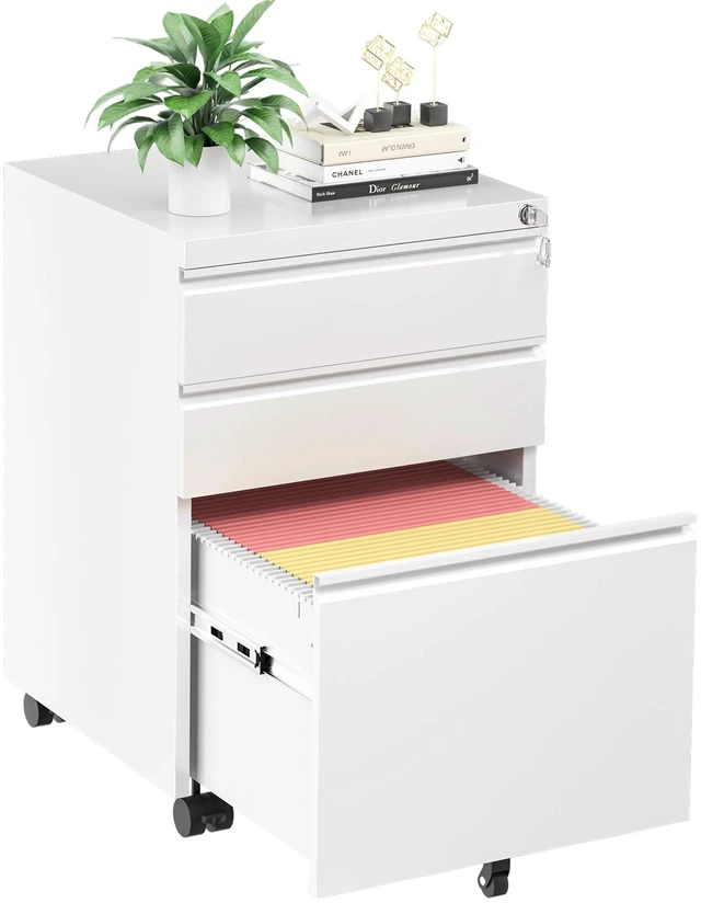 Main image of 3 Drawer Filing Cabinet with Lock, White Mobile File Cabinet with Wheels, Rolling Small Metal Cabinets Under Desk for Home Office, Assembled