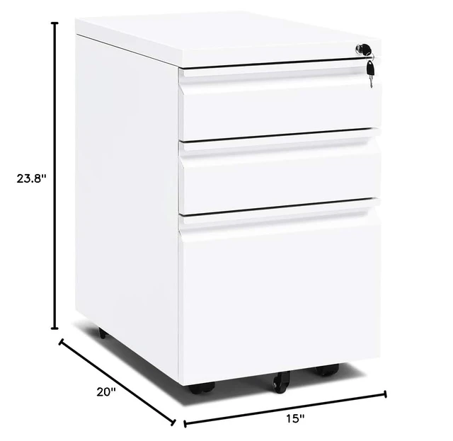 Alt view image 3 of 7 - 3 Drawer Filing Cabinet with Lock, White Mobile File Cabinet with Wheels, Rolling Small Metal Cabinets Under Desk for Home Office, Assembled