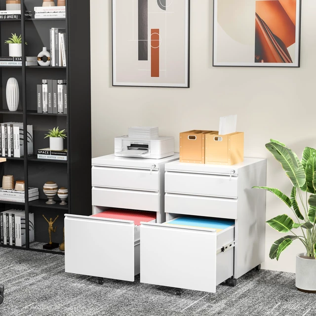 Alt view image 2 of 7 - 3 Drawer Filing Cabinet with Lock, White Mobile File Cabinet with Wheels, Rolling Small Metal Cabinets Under Desk for Home Office, Assembled