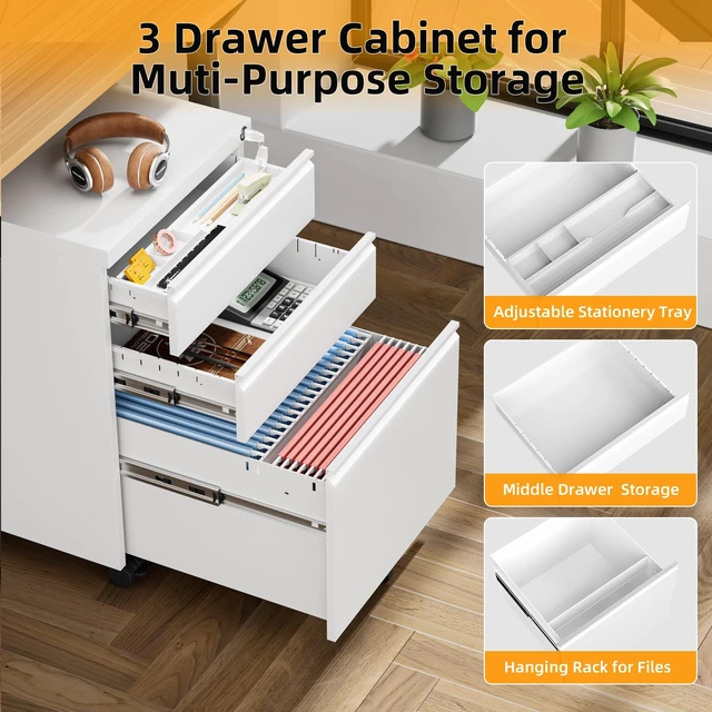 Alt view image 4 of 7 - 3 Drawer Filing Cabinet with Lock, White Mobile File Cabinet with Wheels, Rolling Small Metal Cabinets Under Desk for Home Office, Assembled