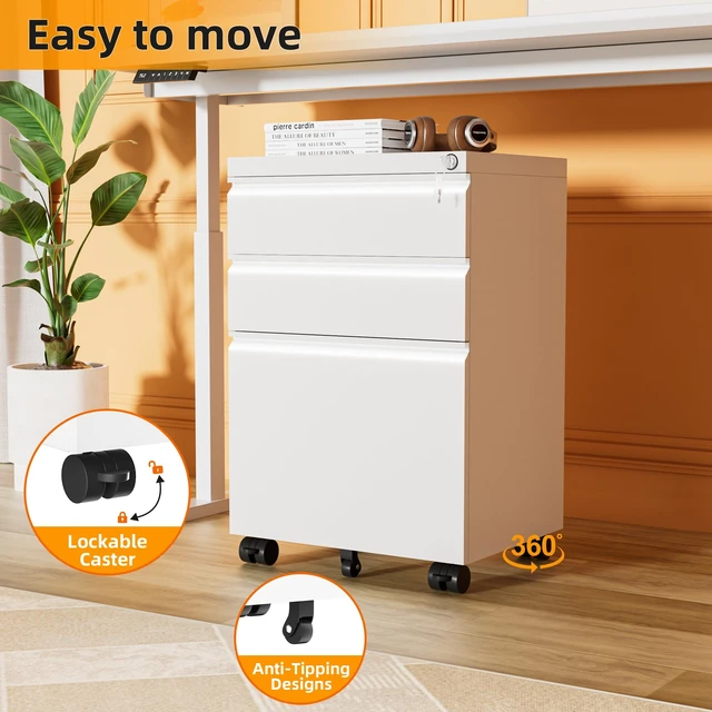 Alt view image 5 of 7 - 3 Drawer Filing Cabinet with Lock, White Mobile File Cabinet with Wheels, Rolling Small Metal Cabinets Under Desk for Home Office, Assembled
