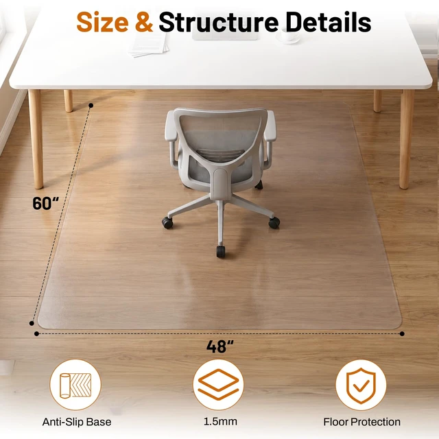 Alt view image 2 of 7 - Clear Office Chair Mat for Hardwood Floors, Heavy Duty Protector 48" x 60" Plastic Floor Mat for Rolling Desk Chairs, Home Office, Gaming Room, Tile and Laminate Floors