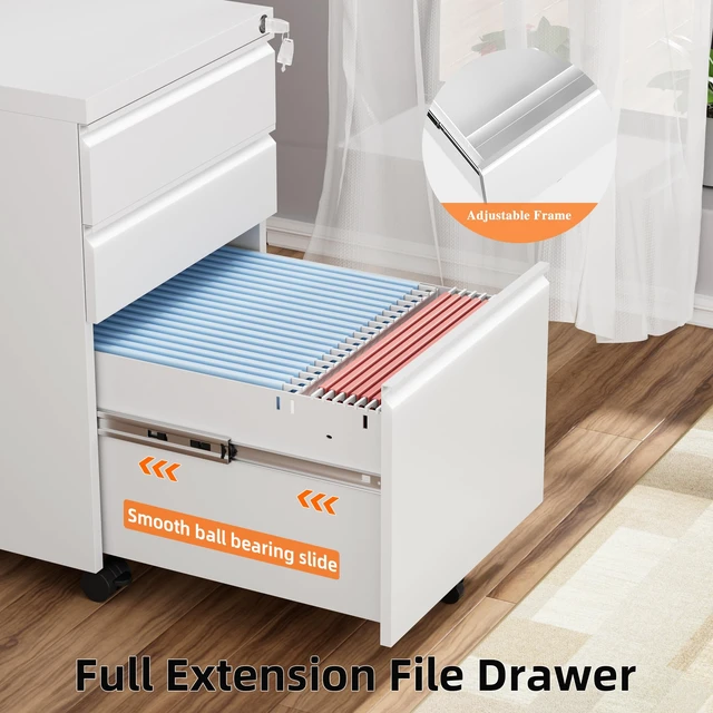 Alt view image 6 of 7 - 3 Drawer Filing Cabinet with Lock, White Mobile File Cabinet with Wheels, Rolling Small Metal Cabinets Under Desk for Home Office, Assembled