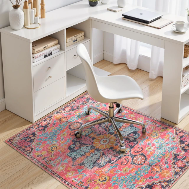Alt view image 2 of 7 - Office Chair Mat for Hardwood Floor, 48"x60" Office Rug for Rolling Chair, Desk Floor Mats for Office Chair, Anti-Slip Computer Gaming Chair Mat, Easy to Roll, Fuchsia/Multi
