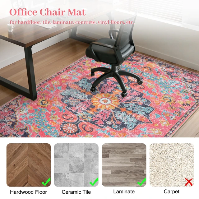 Alt view image 3 of 7 - Office Chair Mat for Hardwood Floor, 48"x60" Office Rug for Rolling Chair, Desk Floor Mats for Office Chair, Anti-Slip Computer Gaming Chair Mat, Easy to Roll, Fuchsia/Multi