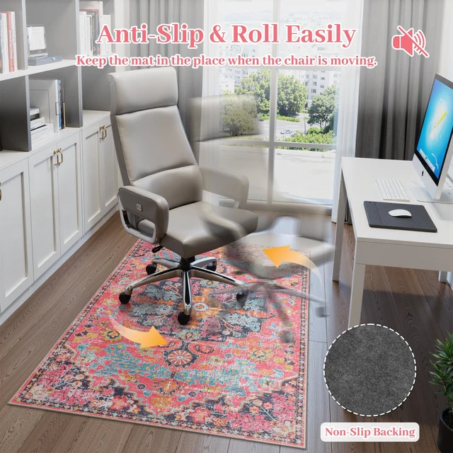 Alt view image 4 of 7 - Office Chair Mat for Hardwood Floor, 48"x60" Office Rug for Rolling Chair, Desk Floor Mats for Office Chair, Anti-Slip Computer Gaming Chair Mat, Easy to Roll, Fuchsia/Multi