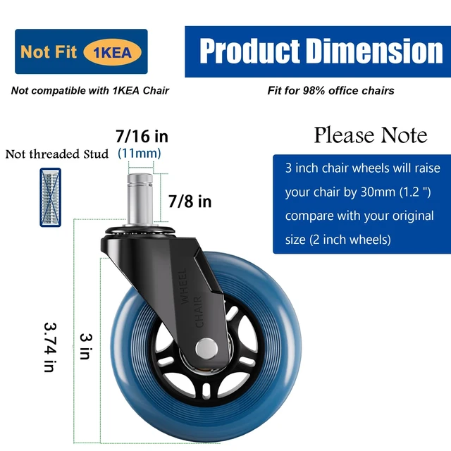 Alt view image 3 of 7 - Office Chair Caster Wheels Replacement 3 Inch Roller Blade, Set of 5 Blue Heavy Duty Quiet No Scratch Rubber Gaming Chair Wheel for Hardwood Floor Carpet, 11mm Universal Fit/Not Fit 1KEA