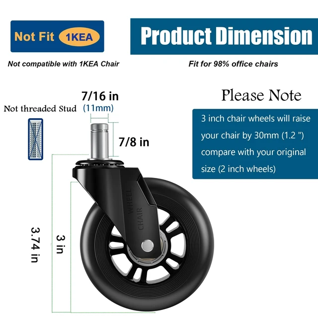 Alt view image 3 of 7 - Office Chair Caster Wheels Replacement 3 Inch Roller Blade, Set of 5 Black Heavy Duty Quiet No Scratch Rubber Gaming Chair Wheels for Hardwood Floor Carpet, 11mm Universal Fit/Not Fit 1KEA
