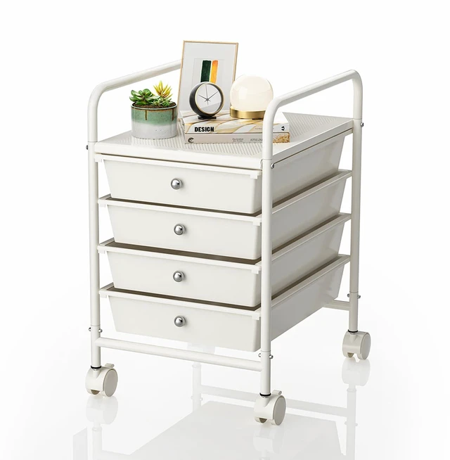 Main image of 4-Tier Utility Cart with 4 Drawers, Rolling Utility Cart with 2 Lockable Caster Wheels, Multipurpose Mobile Rolling Drawer Cart for Office Bathroom Kitchen, Ivory White