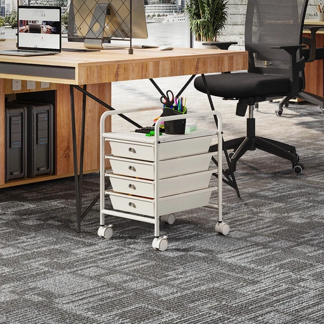 Alt view image 2 of 7 - 4-Tier Utility Cart with 4 Drawers, Rolling Utility Cart with 2 Lockable Caster Wheels, Multipurpose Mobile Rolling Drawer Cart for Office Bathroom Kitchen, Ivory White