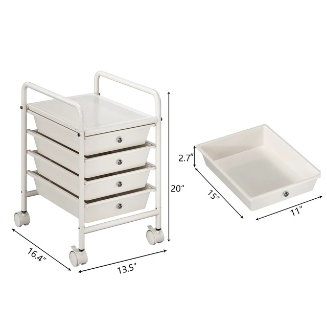Alt view image 3 of 7 - 4-Tier Utility Cart with 4 Drawers, Rolling Utility Cart with 2 Lockable Caster Wheels, Multipurpose Mobile Rolling Drawer Cart for Office Bathroom Kitchen, Ivory White