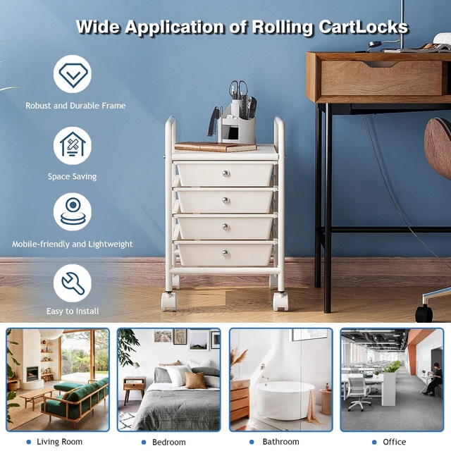 Alt view image 4 of 7 - 4-Tier Utility Cart with 4 Drawers, Rolling Utility Cart with 2 Lockable Caster Wheels, Multipurpose Mobile Rolling Drawer Cart for Office Bathroom Kitchen, Ivory White