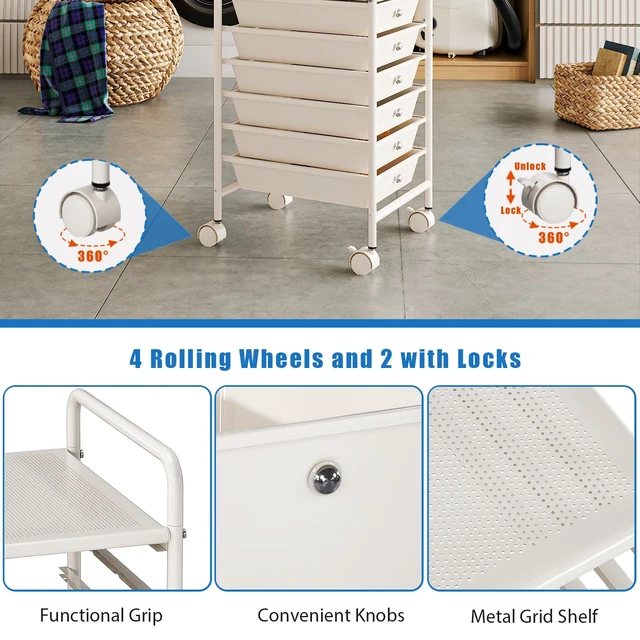 Alt view image 5 of 7 - 4-Tier Utility Cart with 4 Drawers, Rolling Utility Cart with 2 Lockable Caster Wheels, Multipurpose Mobile Rolling Drawer Cart for Office Bathroom Kitchen, Ivory White