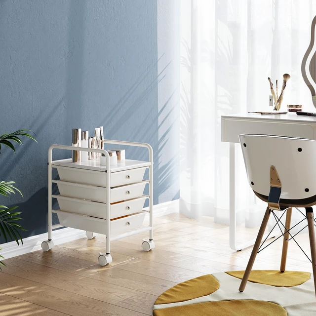 Alt view image 6 of 7 - 4-Tier Utility Cart with 4 Drawers, Rolling Utility Cart with 2 Lockable Caster Wheels, Multipurpose Mobile Rolling Drawer Cart for Office Bathroom Kitchen, Ivory White