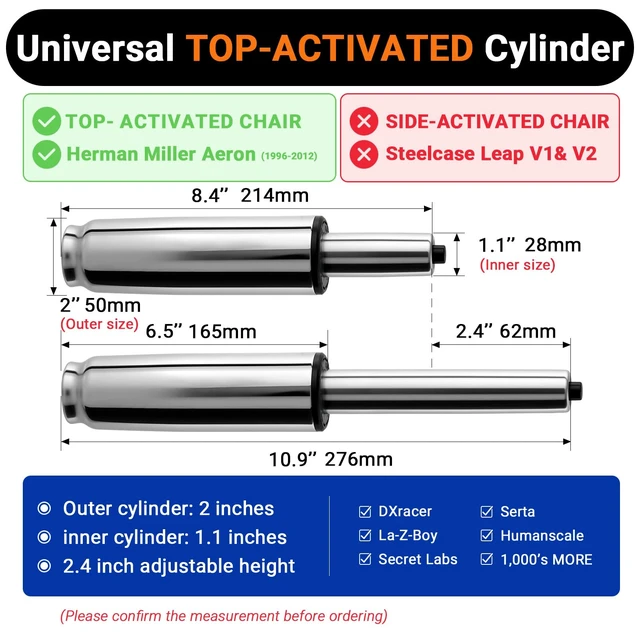 Alt view image 2 of 7 - 8.4-10.9 Inches Office Chair Cylinder Replacement, TOP-Activated Heavy Duty 1000lbs Class 4 Hydraulic Lift, Universal Pneumatic Piston Fit for Desk/Gaming Chairs, not for SIDE-ACTIVATED