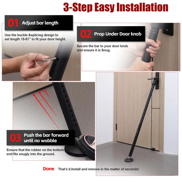 Alt view image 7 of 7 - Heavy Duty Door Security Bar, 24.5"-50.7" Adjustable Door Stopper with Large Anti-Slip Base, 360° Swivel Foot, Portable Door Brace for Hinged Doors, Sliding Windows, Hotel & Apartment