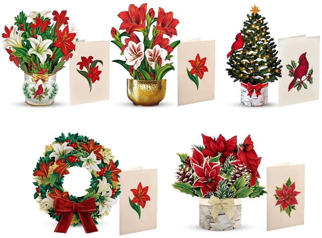 Main image of Mini Holiday Collection Boxed Set of 5 Holiday Collection, 6 inch Mini Sized Paper Flower Bouquet 3D Popup Greeting Cards, Holiday Card, Blank Notecards & Envelopes