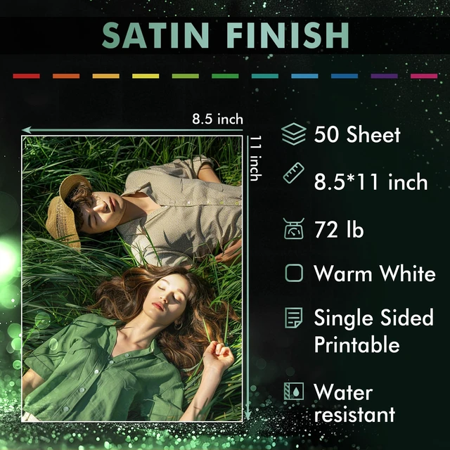 Alt view image 2 of 5 - Satin Photo Paper, Waterproof, 8.5x11 Inch 50 Sheets, 72lb, Single Sided, for Inkjet Printers, for Family Photos, Art Prints