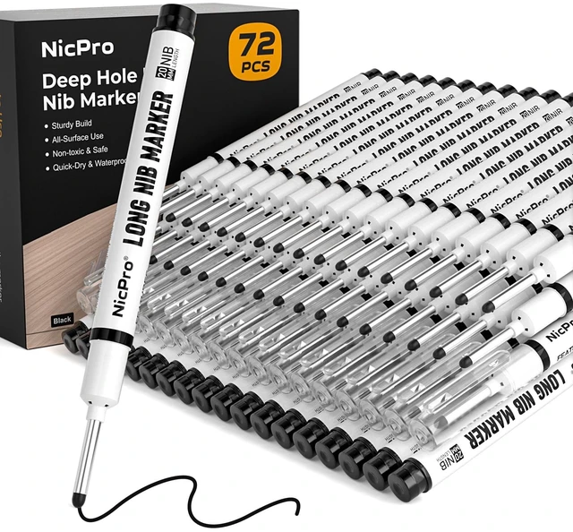 Main image of 72 PCS Long Nib Marker Pens with 20mm Long Head Fine Tip (Black) Fine Point, Deep Hole Reach Permanent Paint Markers for Metal, Tile, Glass, Carpenter Pen for Woodworking