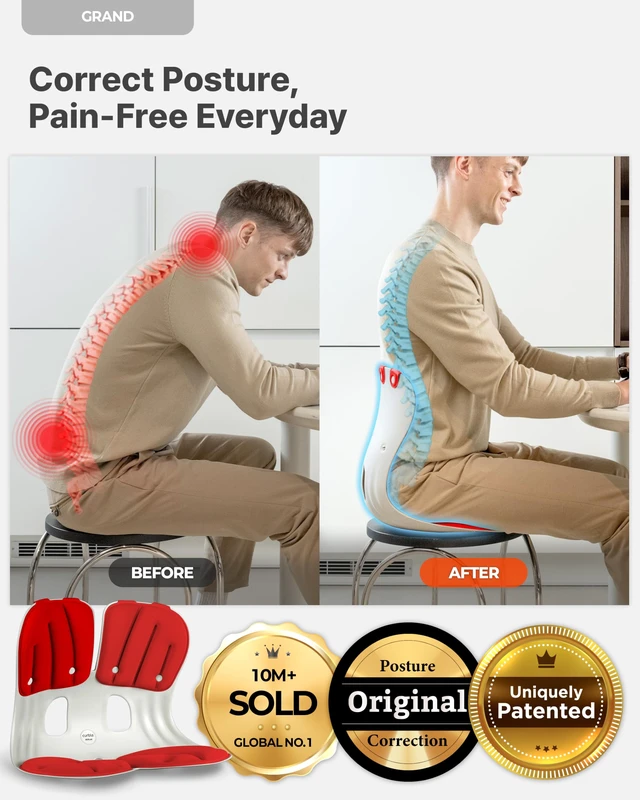 Alt view image 2 of 7 - Grand(Extra Wide & Sturdy) Ergonomic Back and Lumbar Support for Good Posture Correction and Back Pain Relief, Perfect for Office, Floor Seat, and Work from Home, Patented (Red)