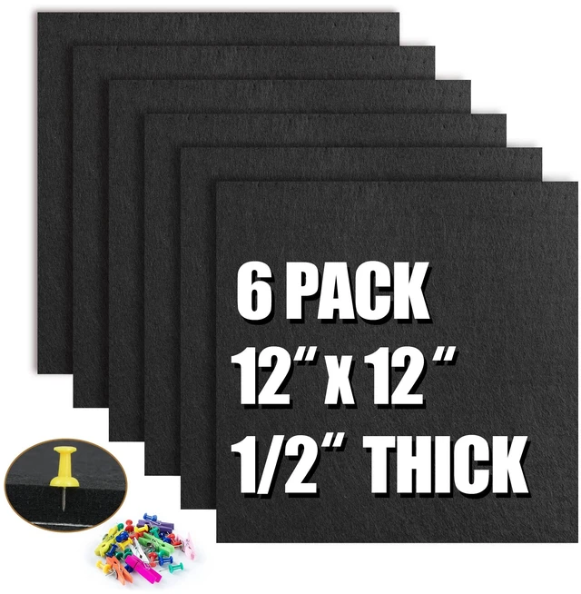Main image of Cork Board Bulletin Board 12x12, 1/2" Thick Felt Cork Board Tiles 6 Pack, Small Square Pin Board for Wall, Self Adhesive Corkboards with 60 Push Pin Wood Clips for School, Home & Office, Black