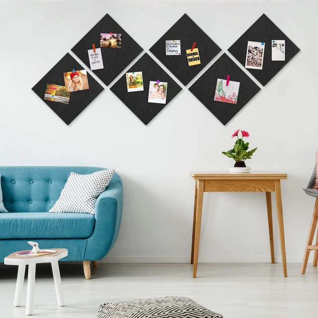Alt view image 2 of 7 - Cork Board Bulletin Board 12x12, 1/2" Thick Felt Cork Board Tiles 6 Pack, Small Square Pin Board for Wall, Self Adhesive Corkboards with 60 Push Pin Wood Clips for School, Home & Office, Black