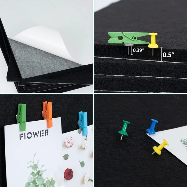 Alt view image 5 of 7 - Cork Board Bulletin Board 12x12, 1/2" Thick Felt Cork Board Tiles 6 Pack, Small Square Pin Board for Wall, Self Adhesive Corkboards with 60 Push Pin Wood Clips for School, Home & Office, Black