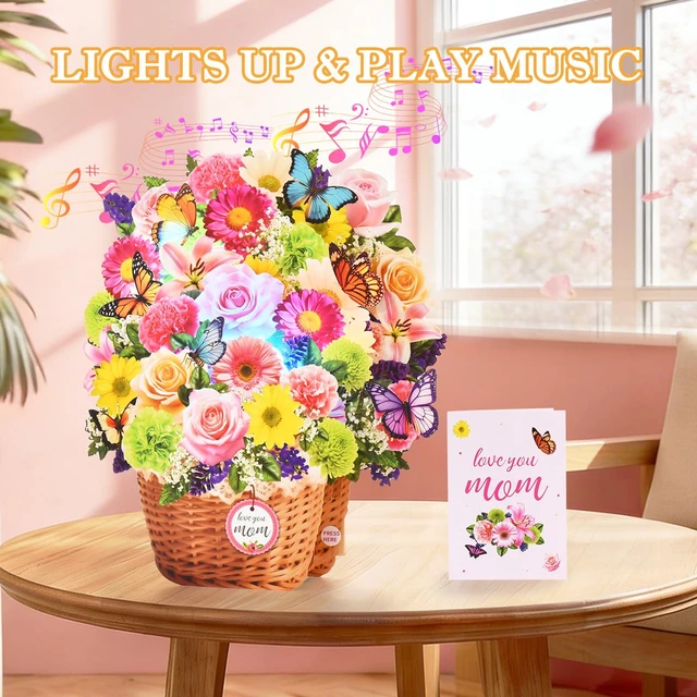 Alt view image 2 of 6 - Pop Up Mother's Day Card with Lights, Musical Flower Cards for Mom 3D Butterfly Love You Mom Greeting Cards, Elegant Floral Happy Mothers Day Keepsake Gift for Mother Wife from Son Daughter
