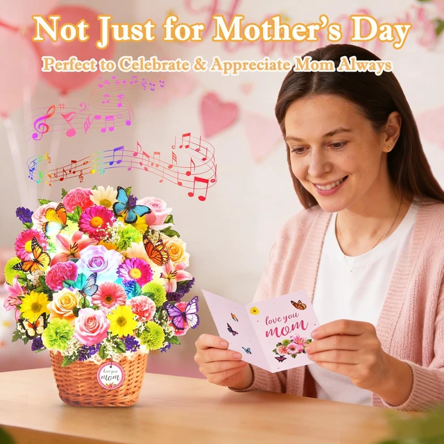 Alt view image 6 of 6 - Pop Up Mother's Day Card with Lights, Musical Flower Cards for Mom 3D Butterfly Love You Mom Greeting Cards, Elegant Floral Happy Mothers Day Keepsake Gift for Mother Wife from Son Daughter