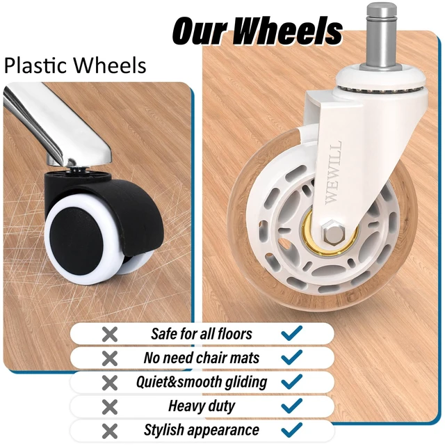 Alt view image 3 of 7 - Office Chair Wheels - Rubber Casters Replacement Universal Fit 98% Chair(Set of 5) Heavy Duty 3 Inch Smoothly & Quietly Safe for All Floor, Hardwood, Tile, Carpet, Noise Free - White