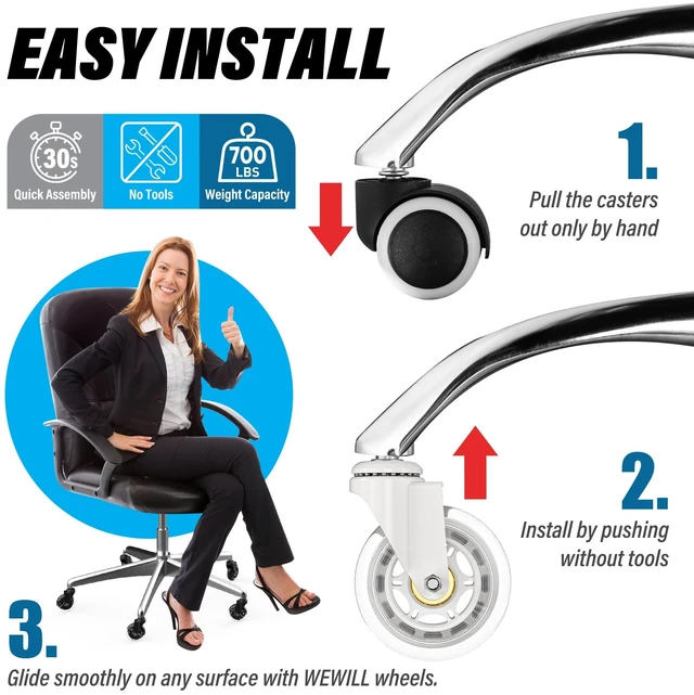 Alt view image 7 of 7 - Office Chair Wheels - Rubber Casters Replacement Universal Fit 98% Chair(Set of 5) Heavy Duty 3 Inch Smoothly & Quietly Safe for All Floor, Hardwood, Tile, Carpet, Noise Free - White