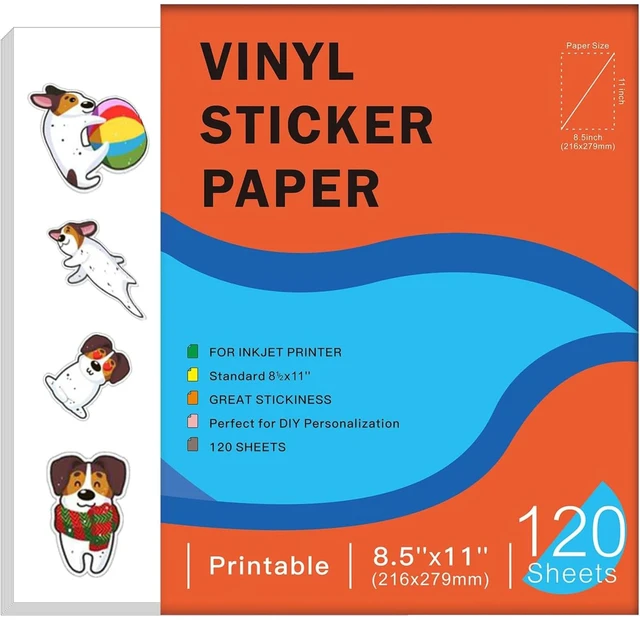 Main image of Printable Vinyl Sticker Paper, 8.5 x11 Glossy White 120 Sheets Waterproof for Inkjet Printers, Compatible with Cricut, Quick Dry, Tear Resistant, Vivid Colors for DIY Crafts&Labels