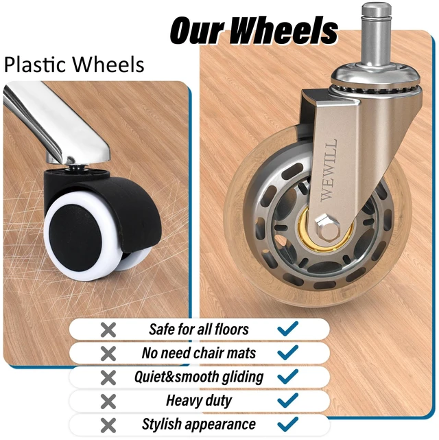 Alt view image 5 of 7 - Office Chair Wheels - Rubber Casters Replacement Universal Fit 98% Chair(Set of 5) Heavy Duty 3 Inch Smoothly & Quietly Safe for All Floor, Hardwood, Tile, Carpet, Noise Free - Sliver
