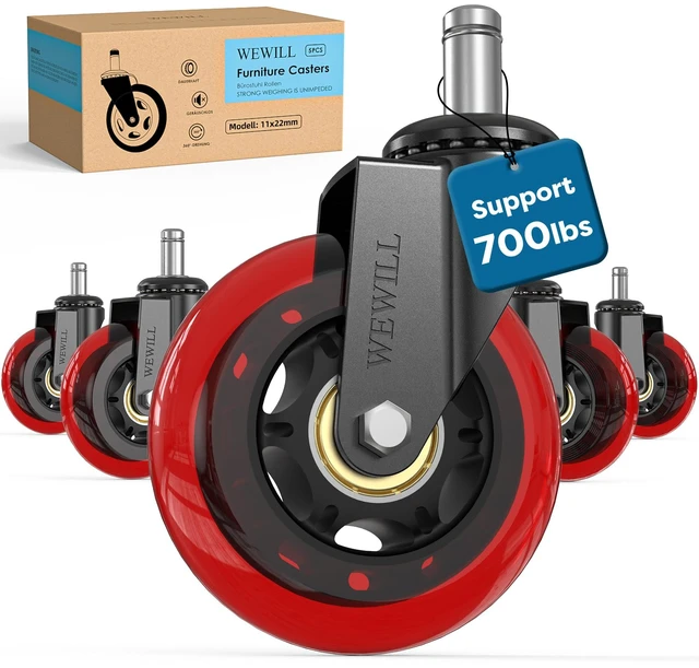 Main image of Office Chair Wheels - Rubber Casters Replacement Universal Fit 98% Chair(Set of 5) Heavy Duty 3 Inch Smoothly & Quietly Safe for All Floor, Hardwood, Tile, Carpet, Noise Free - Red