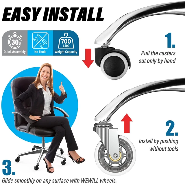 Alt view image 7 of 7 - Office Chair Wheels - Rubber Casters Replacement Universal Fit 98% Chair(Set of 5) Heavy Duty 3 Inch Smoothly & Quietly Safe for All Floor, Hardwood, Tile, Carpet, Noise Free - Sliver