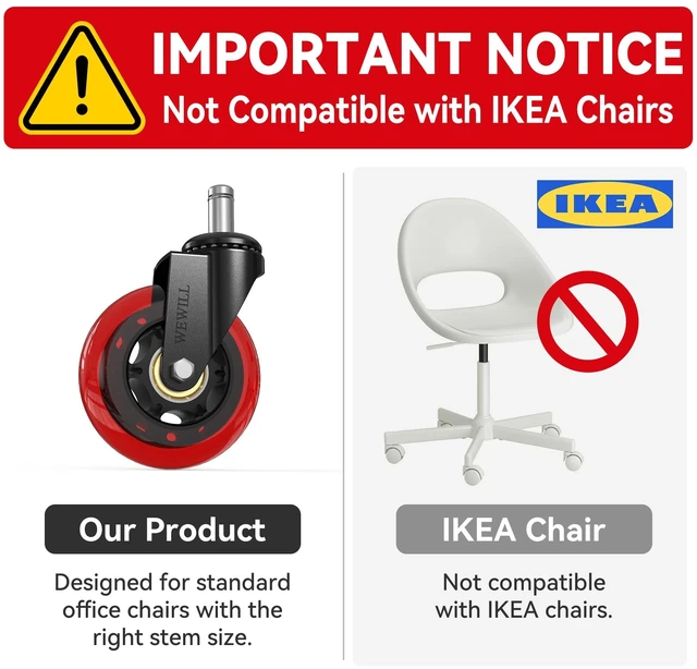 Alt view image 4 of 7 - Office Chair Wheels - Rubber Casters Replacement Universal Fit 98% Chair(Set of 5) Heavy Duty 3 Inch Smoothly & Quietly Safe for All Floor, Hardwood, Tile, Carpet, Noise Free - Red