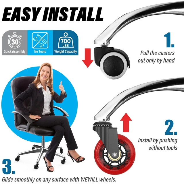 Alt view image 7 of 7 - Office Chair Wheels - Rubber Casters Replacement Universal Fit 98% Chair(Set of 5) Heavy Duty 3 Inch Smoothly & Quietly Safe for All Floor, Hardwood, Tile, Carpet, Noise Free - Red