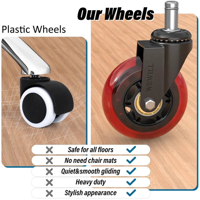 Alt view image 5 of 7 - Office Chair Wheels - Rubber Casters Replacement Universal Fit 98% Chair(Set of 5) Heavy Duty 3 Inch Smoothly & Quietly Safe for All Floor, Hardwood, Tile, Carpet, Noise Free - Red