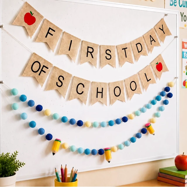 Main image of 4 Pcs 9.84 ft First Day of School Banners Decorations Set, Felt Pencil Ball Garland Colorful Pompom Garland Bunting Burlap Flag Banner for Classroom Back to School Backdrop(Gradient Blue)