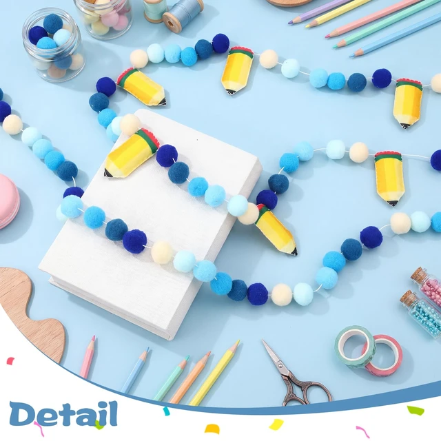 Alt view image 2 of 6 - 4 Pcs 9.84 ft First Day of School Banners Decorations Set, Felt Pencil Ball Garland Colorful Pompom Garland Bunting Burlap Flag Banner for Classroom Back to School Backdrop(Gradient Blue)