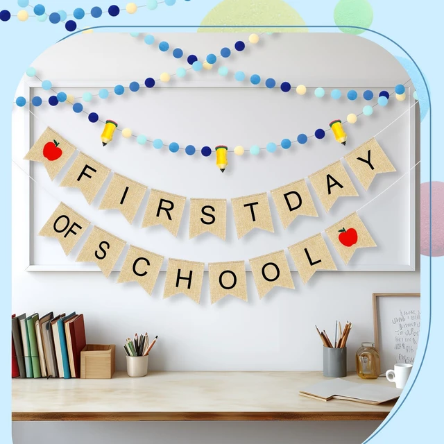 Alt view image 4 of 6 - 4 Pcs 9.84 ft First Day of School Banners Decorations Set, Felt Pencil Ball Garland Colorful Pompom Garland Bunting Burlap Flag Banner for Classroom Back to School Backdrop(Gradient Blue)
